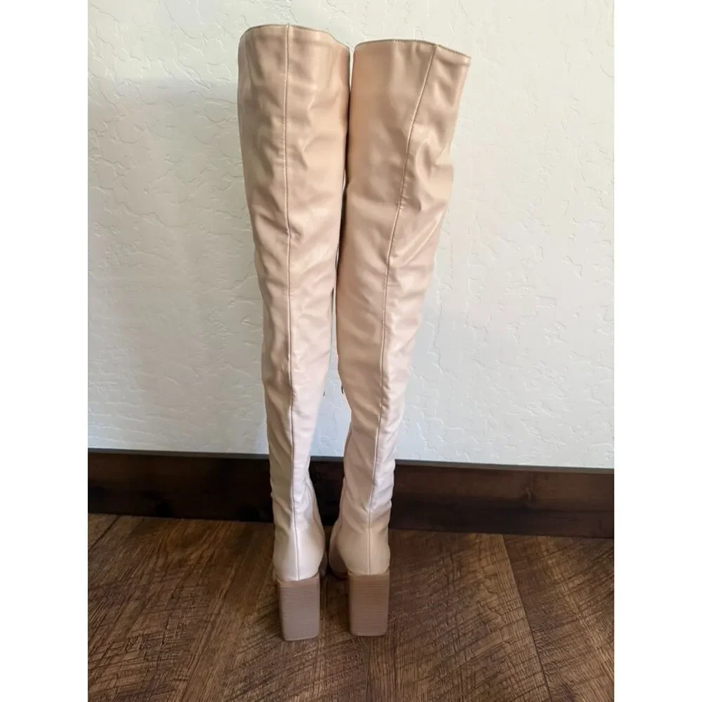 PLT Nude/Cream Faux Leather Square Toe Block Heel Over the Knee Boots
